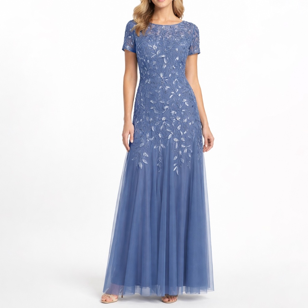Adrianna Papell Dusty Blue Lace Appliqué Tulle Gown